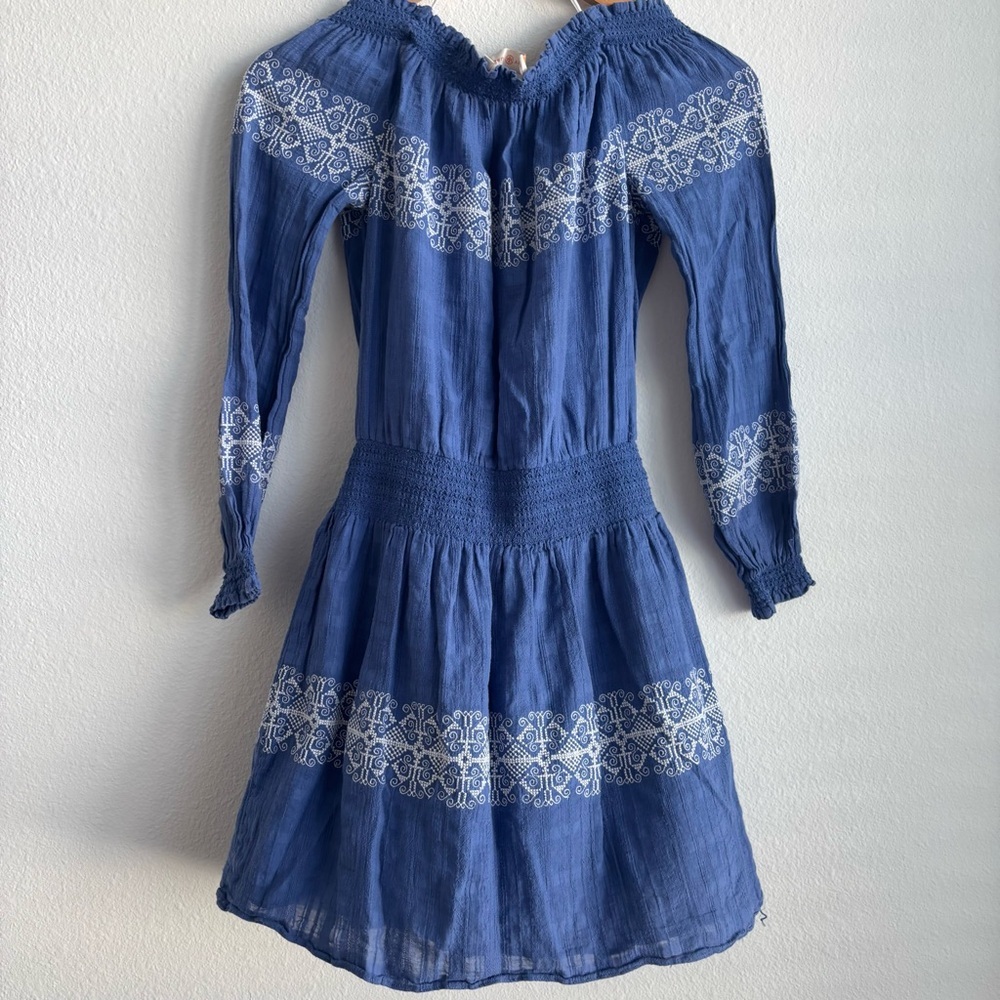 Tory Burch Loretta Blue and White Off the Shoulder Embroidered Gauze Mini Dress - Picture 3 of 10